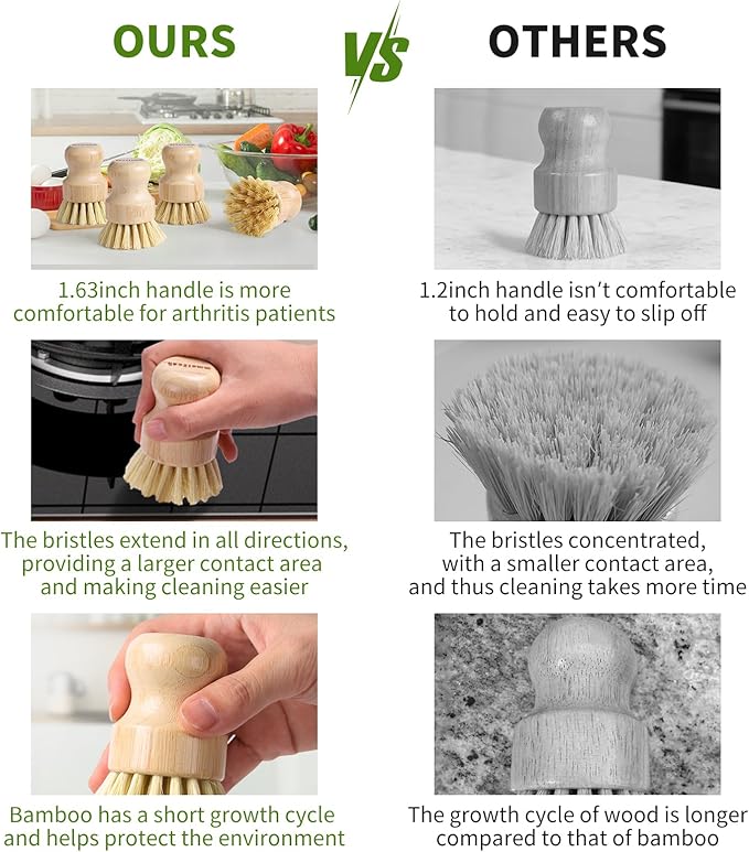 4 Pack Bamboo Dish Brush with Sisal Bristles for Kitchen Cleaning | Natural Material, No Plastic, Dish Scrubber Brush for Dish Cleaning, Sufficient Quantity for Replacement, Ergonomic Handle