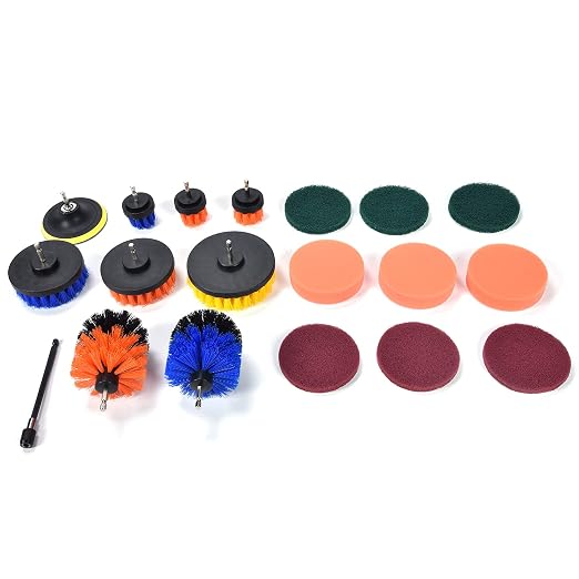 19PCS Drill Brush Attachment Set, Power Scrubber Kit with Nylon Brushes and Sponge Pads for Deep Cleaning Kitchen, Bathroom, Car and Pool Surfaces