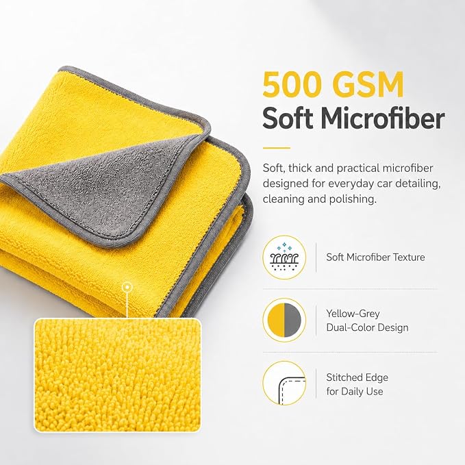 Microfiber Towels for Cars 12 Pack, 16" x 24" Yellow/Grey 500 GSM Professional Car Detailing Towels, Soft Stitched Edge Cloths for Washing, Polishing, Buffing, Glass & Interior