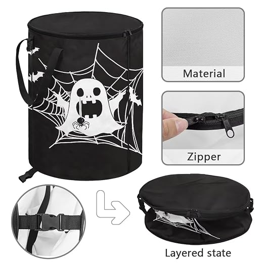 doginthehole Halloween Decorations Outdoor Trash Can with Lid 20 Gallon Spooky Ghost Spider Web Collapsible Trash Can Waterproof Garbage Bags for Car, RV's, Yard Storage Bin Halloween Fall Home Decor