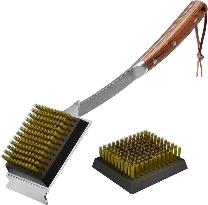 ENLOY 17" Grill Brush & Scraper for Barbecue, Grill Brush for Outdoor Grill | Extended Rosewood Handle and 2 Replaceable Copper Wire Brush Heads, Grill Cleaning Brush Grill Accessories for Most Grill