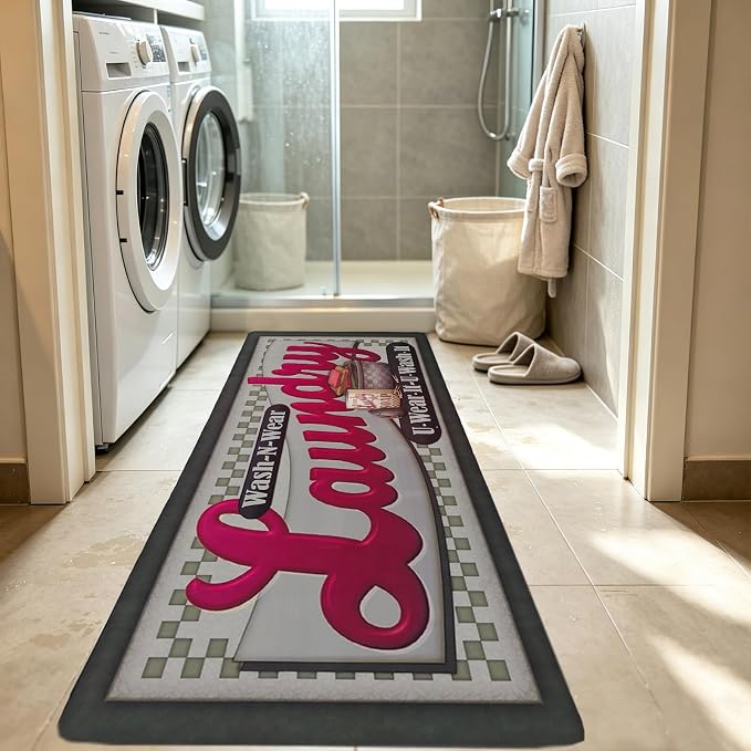 Abreeze Farmhouse Laundry Runner Rug Vintage Rug for Laundry Room Rubber Backer Mat Floor Runner Carpet Kitchen Mats 20''x48'',Red Letter