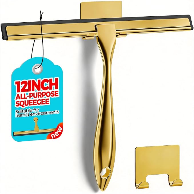 12" Shower Squeegee for Glass Doors, Tile Walls, Car Windows, Gold | Bathroom Accessories, New Home Essentials, Silicone Blade, Metal Handle, Adhesive Hook, Household Tool, Multipurpose Cleaner