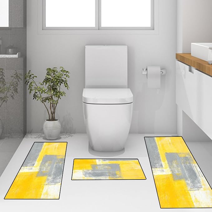 TOMWISH Yellow Grey Kitchen Rugs Sets 3PCS Washable | Kitchen Sink Area Absorbent Runner Rugs Front of Dining Room Home Office Laundry 20"X32"+20"X48"+20"X59"