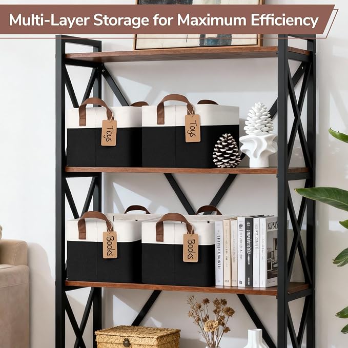 CHICVITA 4 Pack Fabric Storage Bins for Shelves, 20L Black & White | 14.8" × 10.3" × 8.3" Collapsible Storage Baskets for Towels, Clothes & Toys, Fits Closet & Shelf Organization, Metal Frame