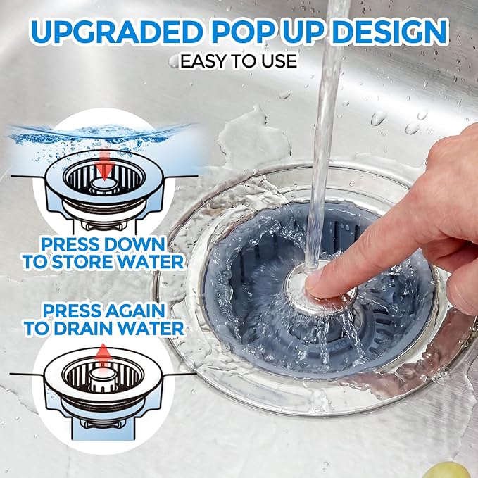 zaa 3 in 1 Kitchen Sink Drain Strainer Stopper Removable Basket Pop-Up | Kitchen Sink Food Strainer 1 Pack Silver Stainless - Food Catcher, Odor-Block Seal, Fits 3.5" Drain, Easy Clean
