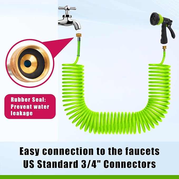 AUTOMAN Recoil Garden Water Hose 50 ft, EVA Curly Water Hose with Brass Connectors, Garden Hose Coil,Includes 7-Pattern Function Sprayer,Retractable,Corrosion Resistant Garden Coil Hose.Green
