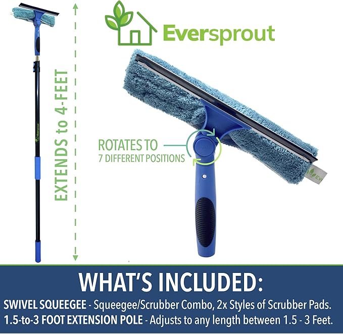 EVERSPROUT Swivel Squeegee & Microfiber Window Scrubber, 1.5 to 3ft Pole | 2-in-1 Window & Glass Cleaning Combo, Swivels to 7 Angles, 10-inch Blade, 8-10ft Standing Reach, Machine Washable, Non-Slip