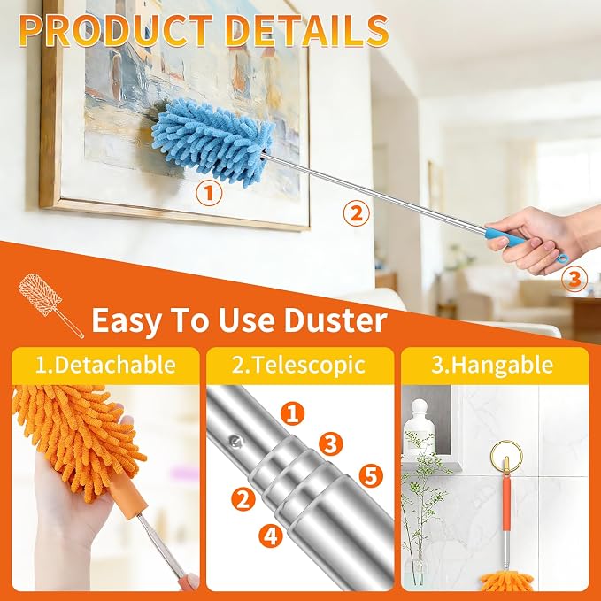 Hand Duster for Cleaning, 360° Bendable Duster with Telescoping Extension Pole, Extendable Washable Mini Dusters for Home, Office, Car, Furniture (2 Pack Green)