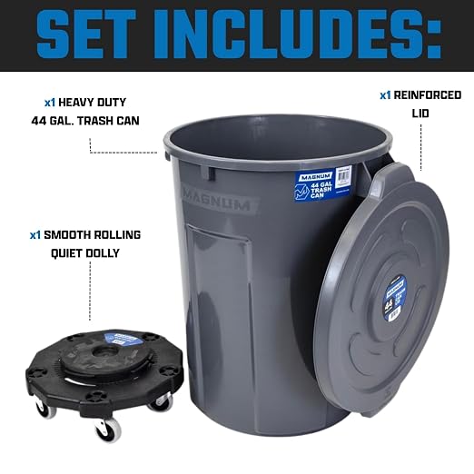 Magnum Gray 44 Gallon Trash Can Set (Trash Can, Quiet Dolly, and Reinforced Lid), Construction Grade, Jobsite Ready for Handling and Rolling Garbage CMTC-CLD0-44G01 (1 Set)