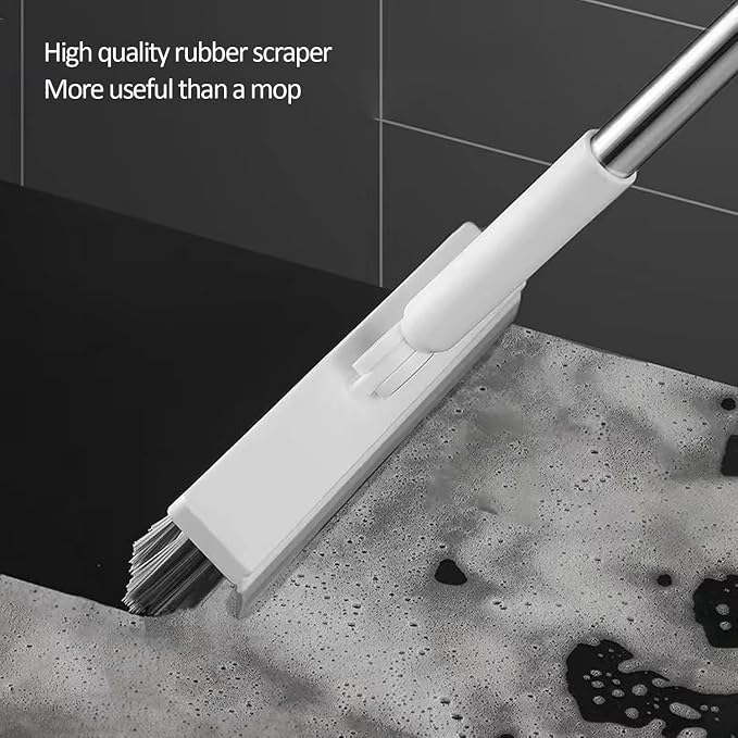 3 in 1 Floor Scrub Brush with Squeegee,27.6–57” Adjustable Thickened Stainless Steel Long Handle,180° Rotatable V-Shape Stiff Grout Brush for Bathroom Tile,Patio,Garage,Swimming Pool,Deck Wall Clean