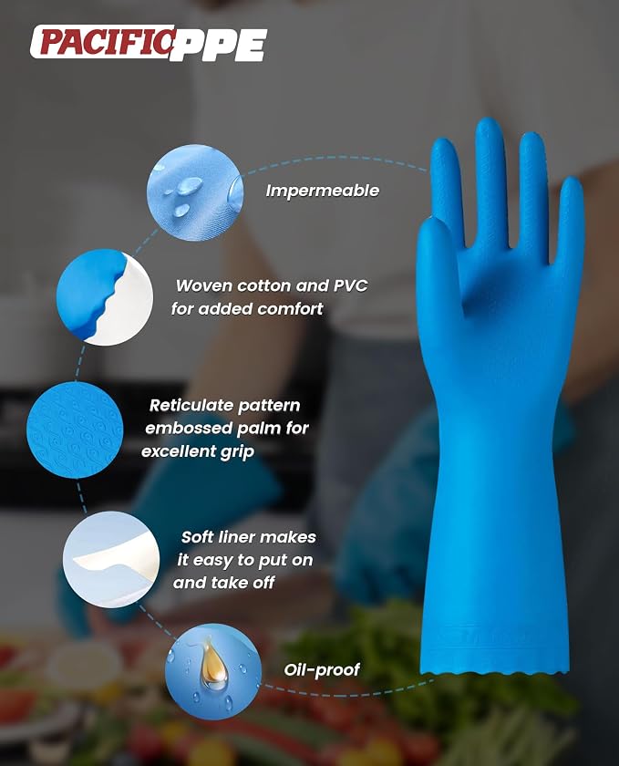 2 Pairs Dishwashing Gloves, Cotton Flocked Liner, Blue, Medium | Waterproof dishwashing gloves with non-slip grip, Latex-Free, flexible fit for kitchen, bathroom, laundry & cleaning