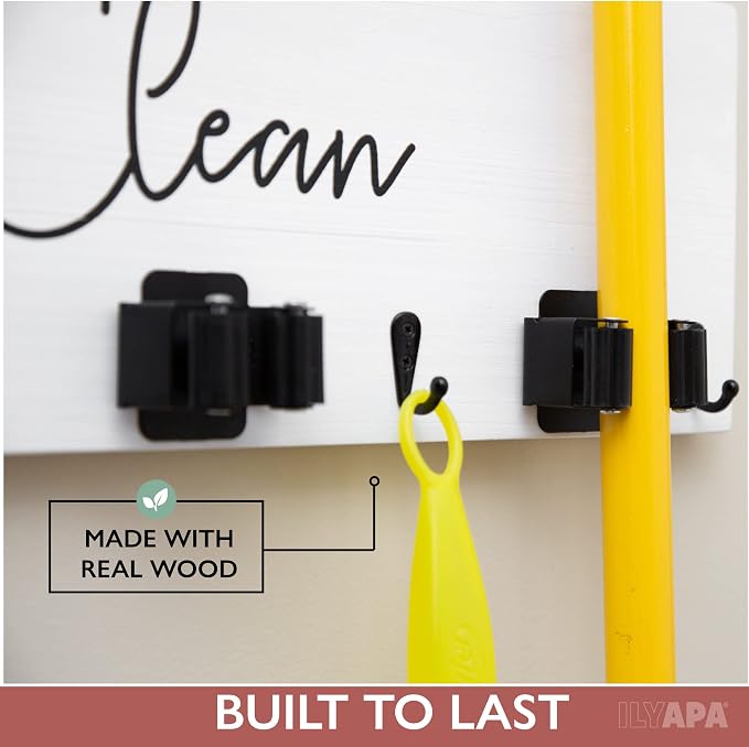 Ilyapa Wall Mount Broom Holder, White Wooden Mop Storage | 3 Pole Holders with 4 Hooks, Kitchen or Laundry Room Organizer