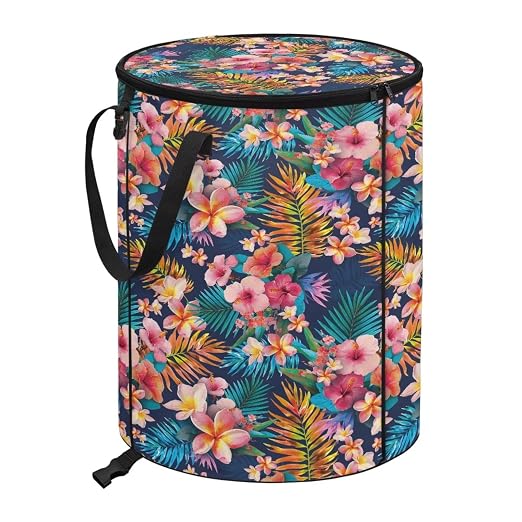 BIGCARJOB Tropical Leaves Collapsible Trash Can Portable Tall Trash Can Oval Recycling Bin 22.83x17.71 Outside Garbage Bin Storage Bag with Clip and Zipper Lid