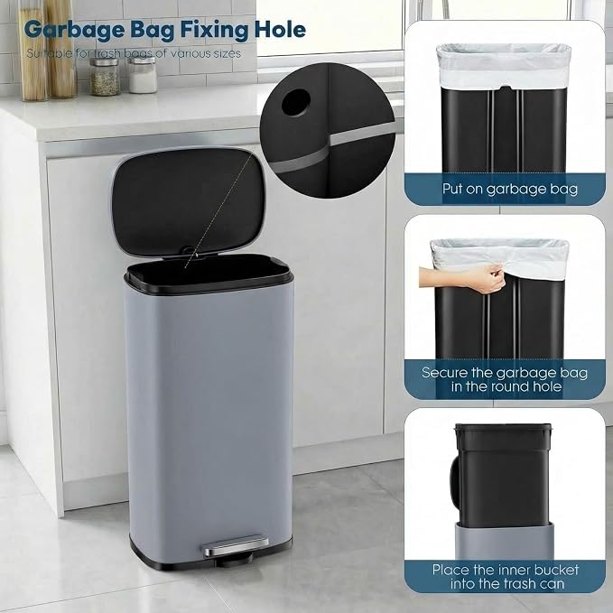 8 Gal Kitchen Trash Can, 30L Recycling or Garbage Bin, with Step-On Pedal | Brushed Stainless Steel Waste Basket, Soft&Quiet Close Dustbin, Removable Inner Bucket, for Home, Office, Living Room