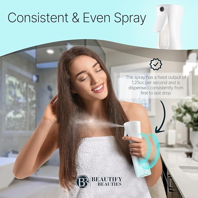 BeautifyBeauties Hair Spray Bottle – Ultra Fine Continuous Water Mister for Hairstyling, Cleaning, Plants, Misting & Skin Care (White, 6.8 Ounces)