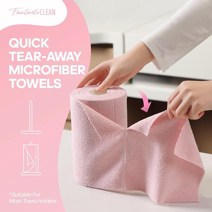 Fantasticlean Microfiber Cleaning Cloth Roll, Pink, 60 Pack, 8" x 8" | Tear Away Microfiber Towel Roll, Reusable Paper Towels, Rags for Kitchen, Pet, Dust, Car, Office, Cleaning Supplies, Portable