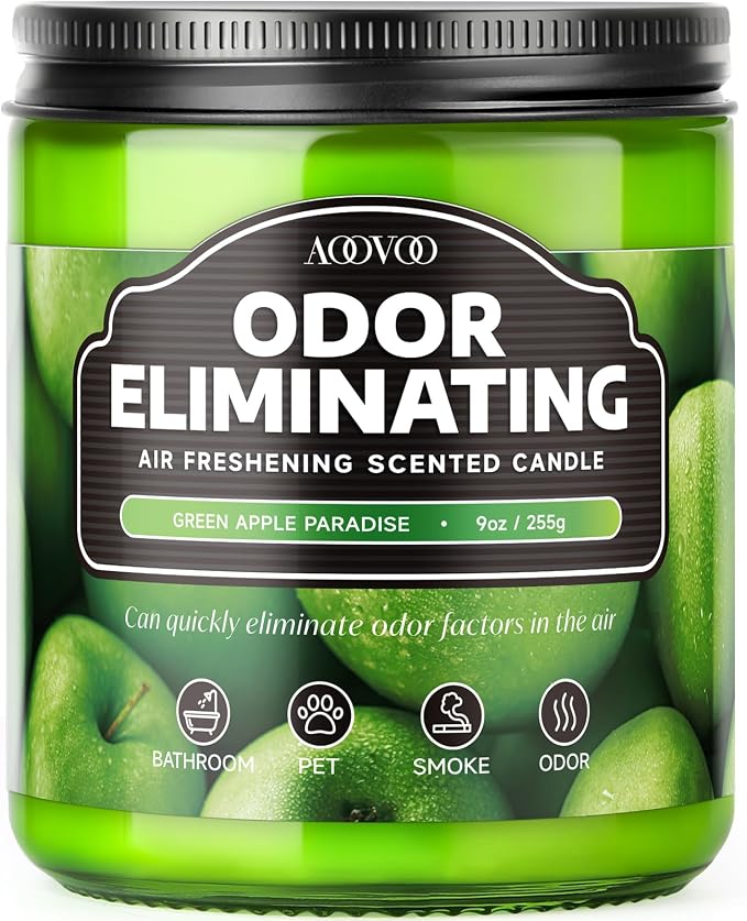 AOOVOO Green Apple Odor Eliminating Candle - 9 oz Soy Candles for Home | Eliminates 95% of Pet, Smoke, Food, and Other Smells Quickly, Non Toxic Air Freshing Candle, Up to 50 Hours Burn time