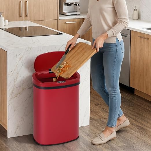 BLKMTY 13-Gallon Stainless Steel Trash Can with Lid, Red, 50L | 50 Liters Garbage Can, Touchfree Motion Sensor Garbage Bin, Tall Automatic, For Home Office Bathroom