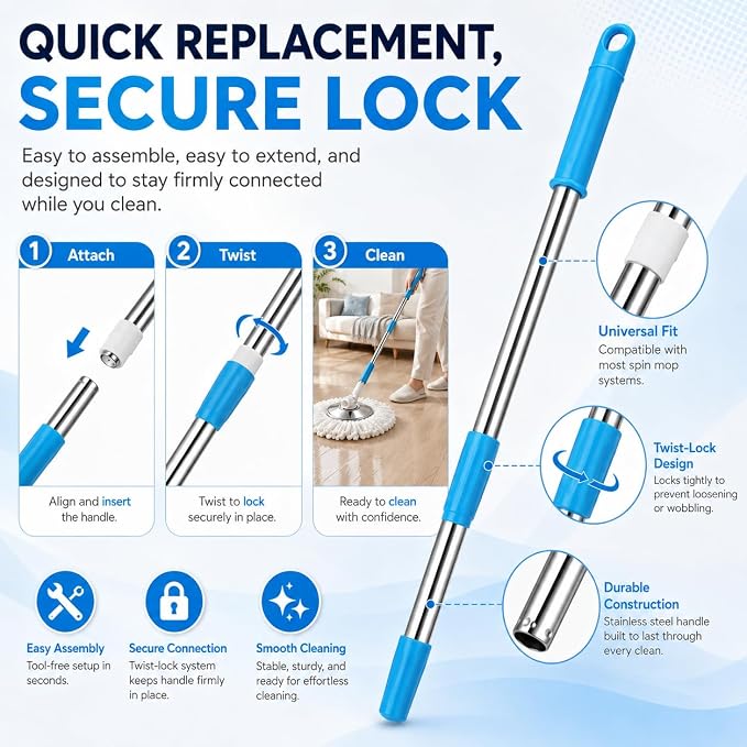Extended Spin Mop Replacement Mop Handle, Upgraded 60-inch 360 Degrees Rotating Telescopic Replacement Mop Stick for Spin Mop Bucket Cleaning System (Stainless Steel Disc, Khaki)