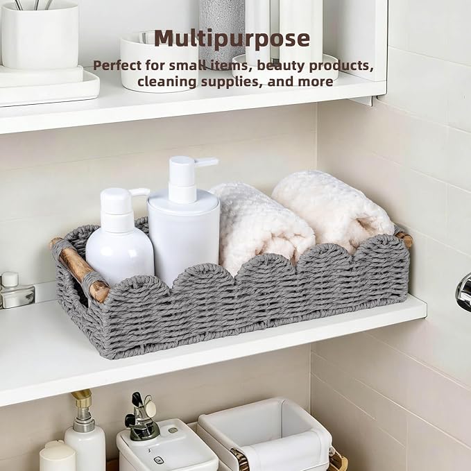 CubesLand Bathroom Basket Organizer, Toilet Tank Basket W/Cut Out Handle | Wicker Toilet Paper Storage Basket Tray, Scalloped Basket for Bathroom Countertop Decorative Also for Home Decor, Grey