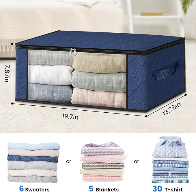 HomeHacks 3-Pack Clothes Organizer Storage Bags, 35L Storage Bins, Blue | Foldable Storage Box Container with Zippers, Clear Window, Reinforced Handles for Closet, Dorm, Pillows, Bedding, Sweater