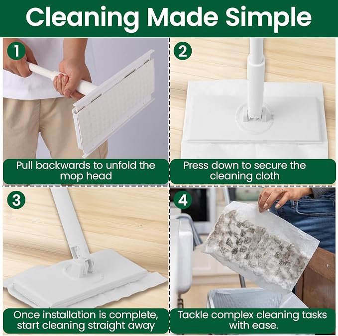 Flat Wet Dry Floor Mop with 10 Disposable Mop Pads, 360° Rotating | Includes 1 Sweeper Handle, 10 Disposable Power Mop Pads, Dry & Wet Use for Hardwood, Tile, and Laminate Floor