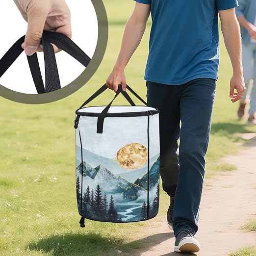 Natural Scenery Outdoor Garbage Can with Lid Fashion Car Trash Can for Back Seat Floral Waterproof Foldable Trash Cans for Camping Bedroom Decoration