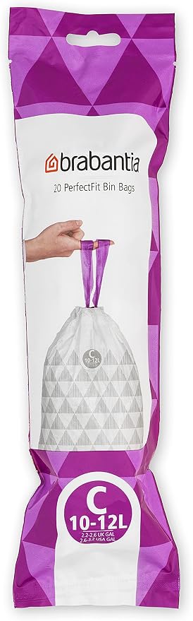 Brabantia PerfectFit Trash Bags (Size C/2.6-3.2 Gal) Thick Plastic Trash Can Liners with Drawstring Handles (200 Bags)