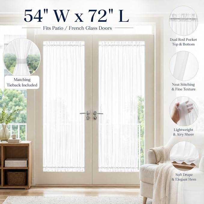 Aquazolax Pure White Sheer Window Treatments for French Door, Rod Pocket Light Filtering Curtain Panel Set of 2 for Privacy/Room Divider - W54 x L72