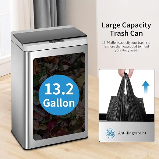 Stainless Steel Automatic Trash Can - 13.2 Gallon Motion Sensor Garbage Can with Soft Close Lid for Kitchen/Home Office (Silver)
