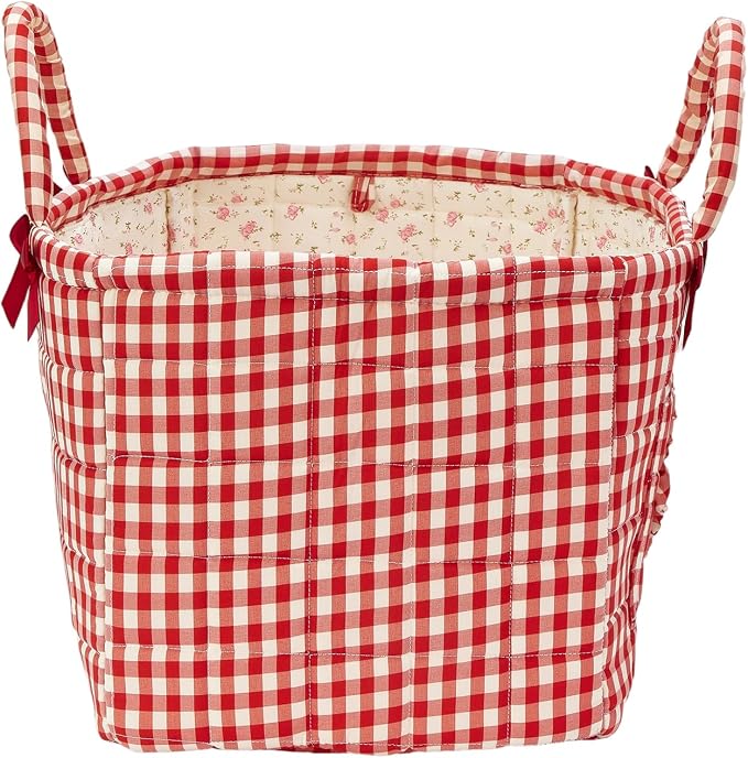 Boho Fabric Storage Basket Quilted Floral Print Baskets Organizer Bin with Handles for Home, Picnic, Shopping (A-Red 1, One Size)