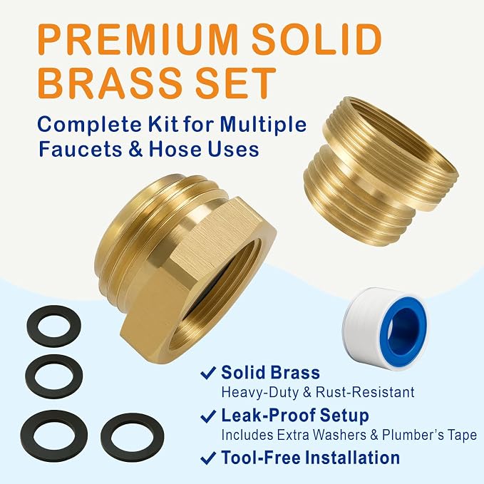Shower Hose Adapter, Sink Faucet Adapter Kit to Garden Hose Adapter | Brass Sink Adapter, Threads: G1/2" Female, 55/64"-27 Female and 15/16"-27 Male to 3/4" GHT Male, with Washers and PTFE Tape