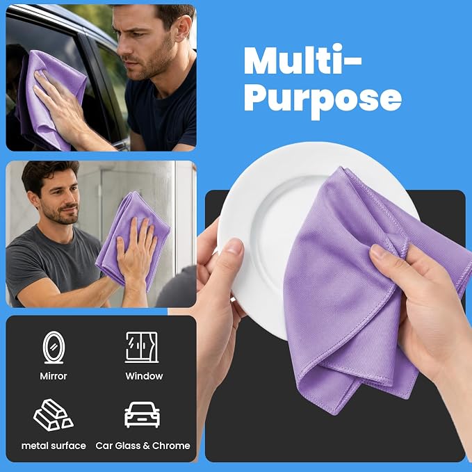 Puomue 12 Pack Microfiber Glass Cleaning Cloth, 10.8 Inch x 13.8 Inch, Lint Free Quickly Clean Windows, Mirrors, Glasses, Phone Screens, Camera Lenses, Purple