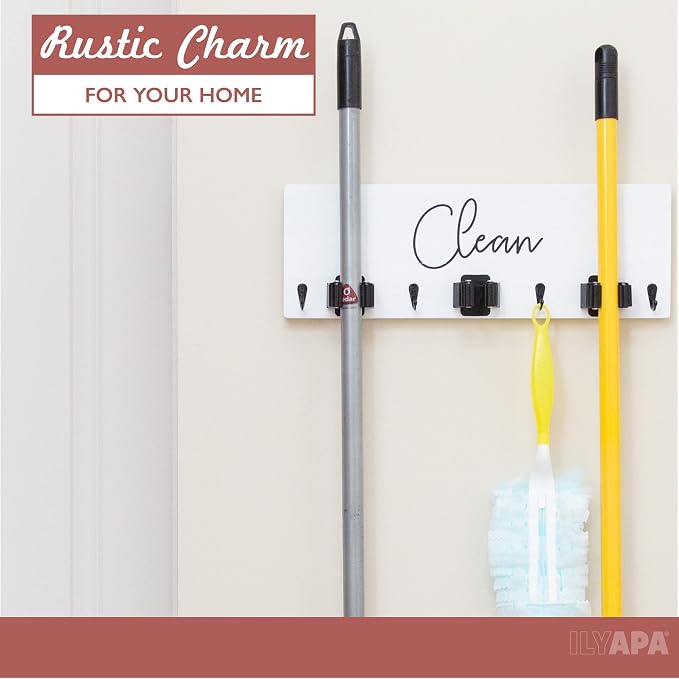 Ilyapa Wall Mount Broom Holder, White Wooden Mop Storage | 3 Pole Holders with 4 Hooks, Kitchen or Laundry Room Organizer