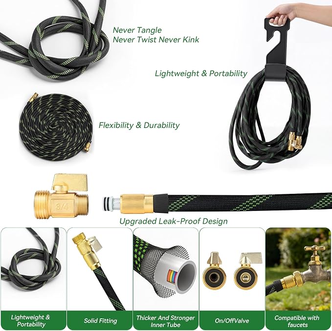 100FT Garden Hose 100 Feet Non-Expandable Heavy Duty Garden Hose with 8 Pattern Spray Nozzle, Flexible Kink-Free Water Hose with Brass Fittings for Watering Lawn, Yard, Car Washing