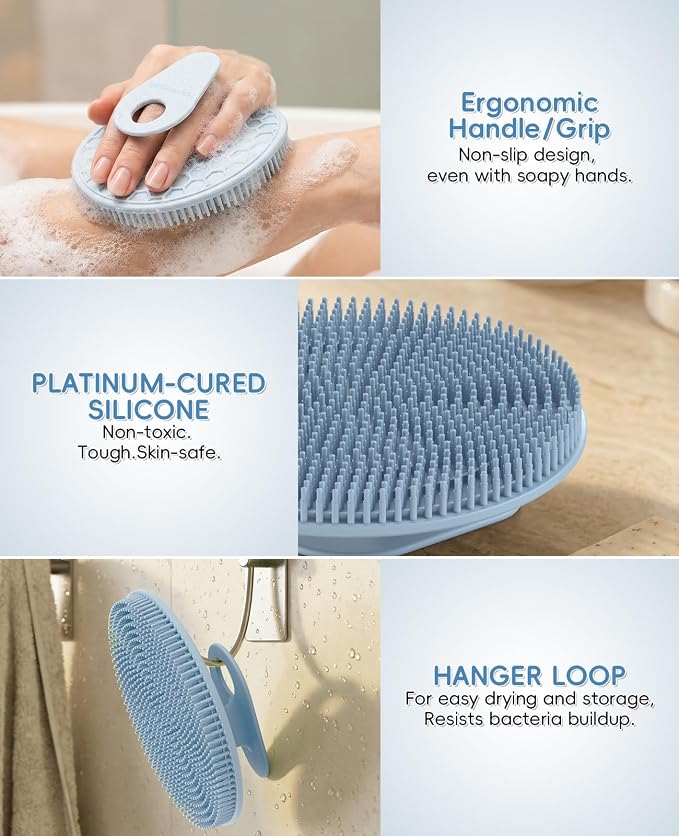 4 Pack Soft Silicone Shower Brush, Body Exfoliating Skin Massage Scrubber | Body Wash Bath Dry Skin Brushing Glove Loofah, Fit for Sensitive and All Kinds of Skin(2Pack Black+Mint+Blue)
