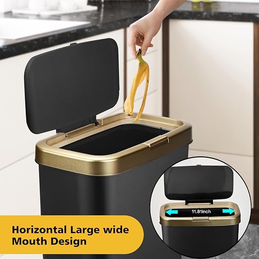 Bathroom Trash Can 4 Gallon, Dog Proof Trash Bin with Press Top Lid, Black Office Waste Basket with Gold Edge, Tall Narrow Garbage Cans for Kitchen, Toilet, Living Room, Bedroom