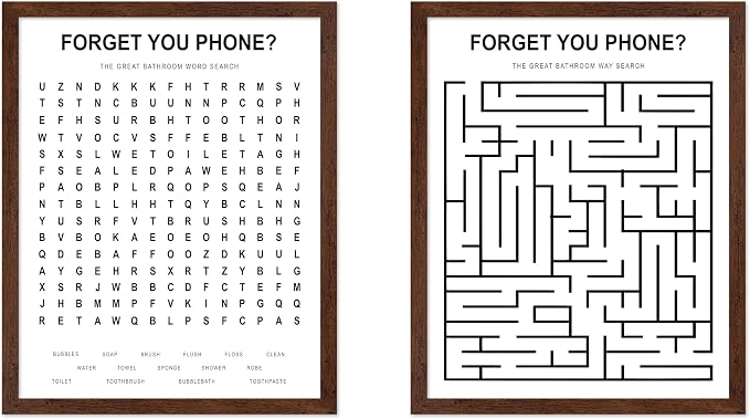 Poster Master 2-Piece Forget Your Phone Print - The Great Bathroom Word & Way Search Poster - Guest Bath Decor - Black & White Design - Powder Room Decor - Fun Restroom Sign - 16x20 Brown Framed