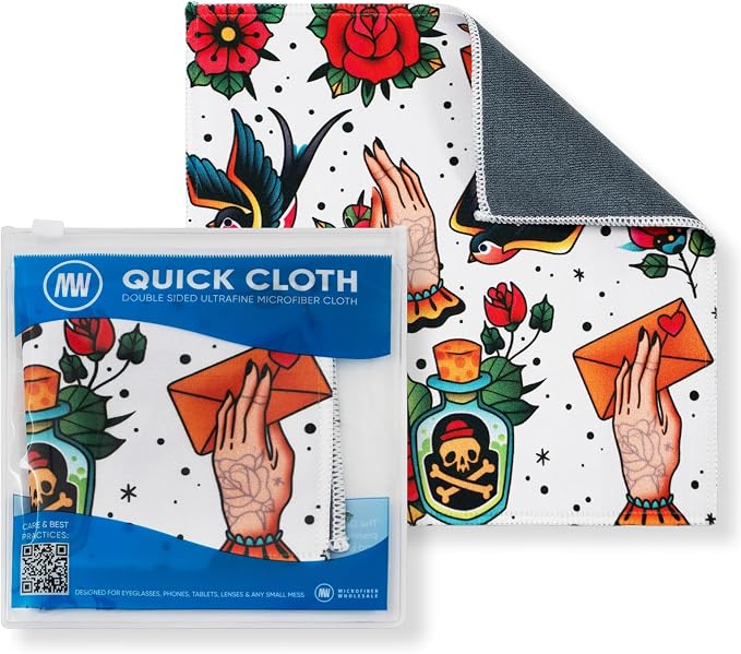 Microfiber Wholesale Quick Cloth Glasses Cleaning Cloths 8x8 Tattoo 1-Pack | with Case | Double-Sided Lens Cleaner for Eyeglasses, Camera, Screens & Glass | Reusable Microfiber Glass Polishing Cloths