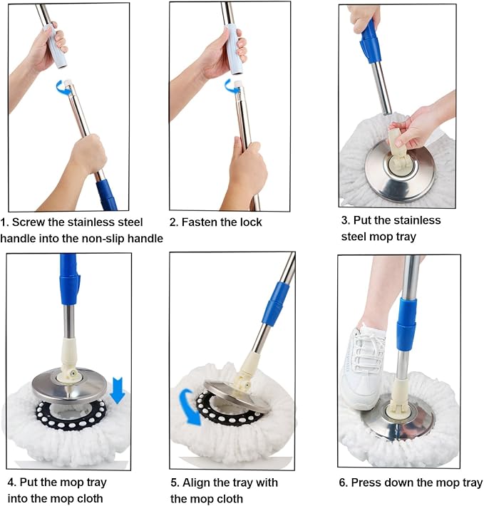 Spin Mop and Bucket with Wringer Set, 3 Microfiber Mop Heads, 61" Handle | 360° Spinning Mop System with Stainless Steel Adjustable Handle & 3 Microfiber Replacement Heads for Floor Cleaning