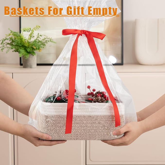OIAHOMY 4 Pack Storage Baskets for Organizing, Small Bins for Shelves, Cute Decorative Storage Bins, Organizer Baskets for Gifts Empty, 11.8''Lx7.8''Wx4.7''H, Brown/White