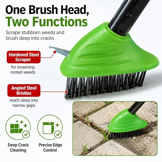 3-in-1 Versatile Weed Brush Combo Set, Long Handle Deck Scrubber (Green) | Metal Weeding Hook | Patio, Driveway & Concrete Crevice Cleaner | Removes Moss & Rust Stains | Outdoor Yard Tool