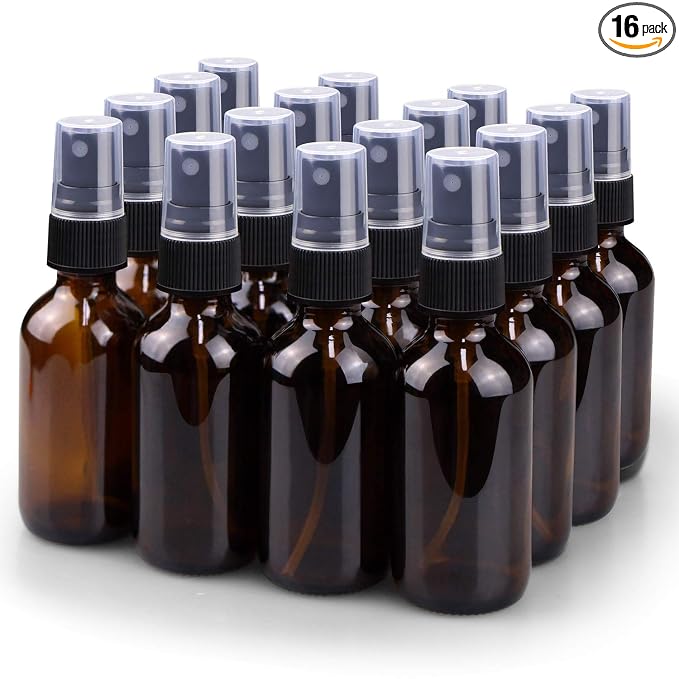 Spray Bottle, 2 oz Fine Mist Glass Spray Bottles, Little Refillable Liquid Containers for Watering Flowers Cleaning (16 Pack, Amber)