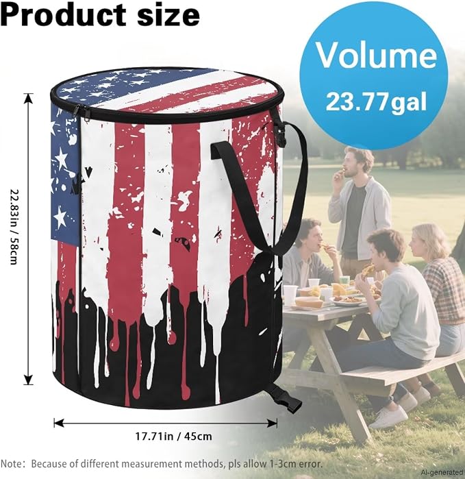 Retro American Flag Collapsible Trash Can 24 Gallon Foldable Garbage Bin with Lid, Heavy Duty Waterproof Trash Bag Holder for Outdoor Camping, RV, Picnic, Vintage Patriotic Design