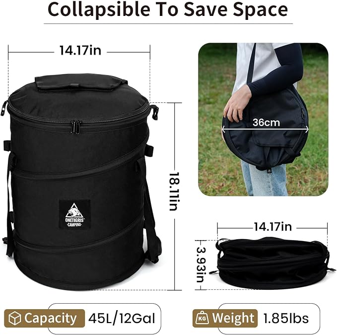 ONETIGRIS Collapsible Trash Can, 12 Gallon Camping Trash Bin with Lid | 12-gallon collapsible trash bin with lid, sorting clips and 600D Oxford fabric for camping, RV, recycling and yard waste