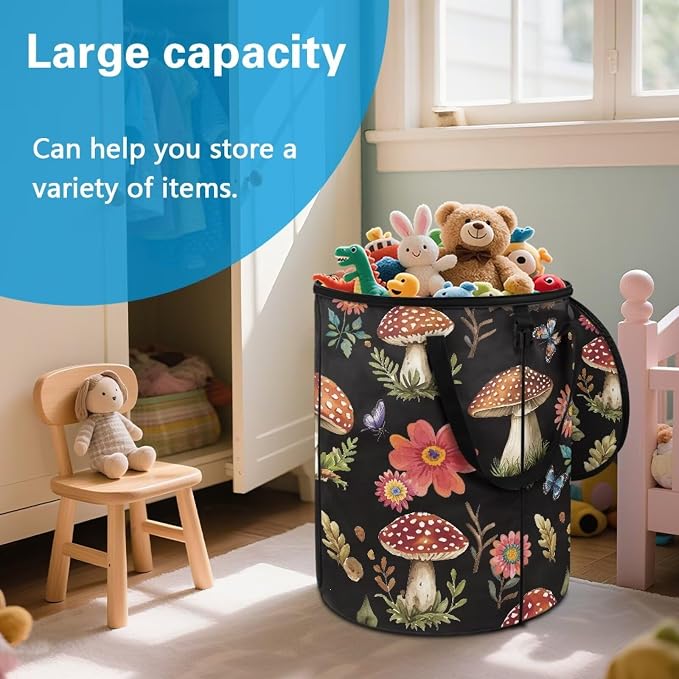 Mushroom Leaf Print Collaspible Trach Can wtih Lid and Handles 24 Gallon Large Capacity Trash Can for Yard Picnic Camping Garden Leaf Bin Reusable Waster Bags
