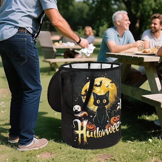 doginthehole Halloween Decorations Collapsible Trash Can with Lid Cute Black Cat Pumpkin Garbage Can Waterproof Portable Waste Bin for Camping, Yard, Picnic, Patio Halloween Party Supplies Fall Decor
