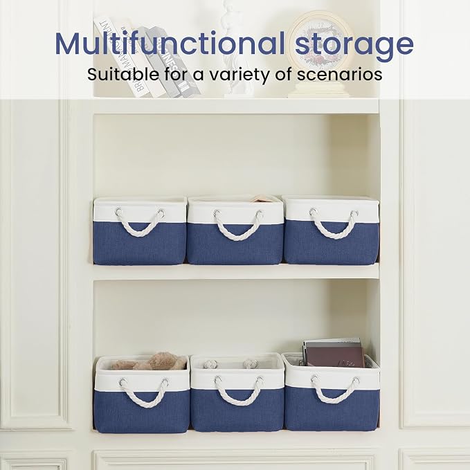 13.8x9.8x6.7 Inch Fabric Small Storage Bins with Handles 6 Pack | Foldable Storage Basket, Sturdy Metal Strand, Cardboard Support Molding, Small Baskets for Organizing, Shelves, White/Blue