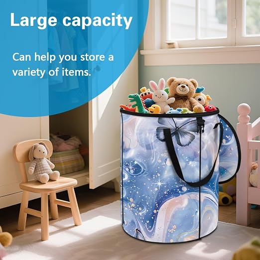doginthehole Blue Marble Butterfly Collapsible Trash Can Pop Up Camper Trash Can with Lid, 22.83x17.71, Waterproof Bag Outdoor Garbage Bin Storage Accessories, 23 Gallons